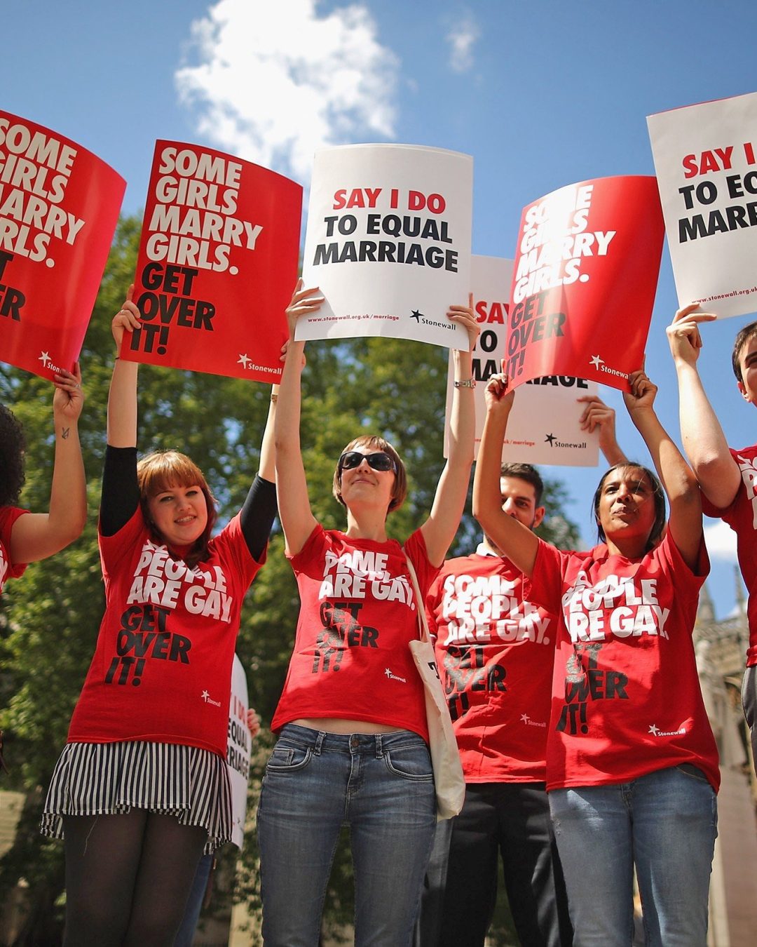 LONDON, ENGLAND - JUNE 03:  Proponents of same sex marriage protest outside the Houses of Parliament on June 3, 2013 in London, England.  A government bill allowing same sex marriage in England and Wales was passed in the House of Commons last month, despite the opposition of 133 Conservative MP's. The bill will be debated later today in the House of Lords.  (Photo by Dan Kitwood/Getty Images)